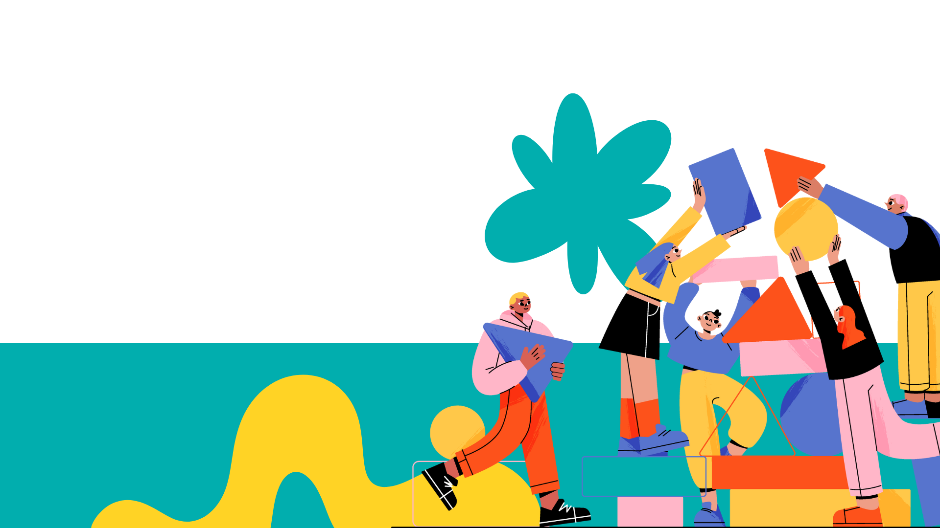 Colorful illustration of people holding geometric shapes on a white background