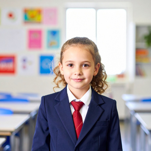 Young girl in a school uniform with a red tie standing in a classroom.